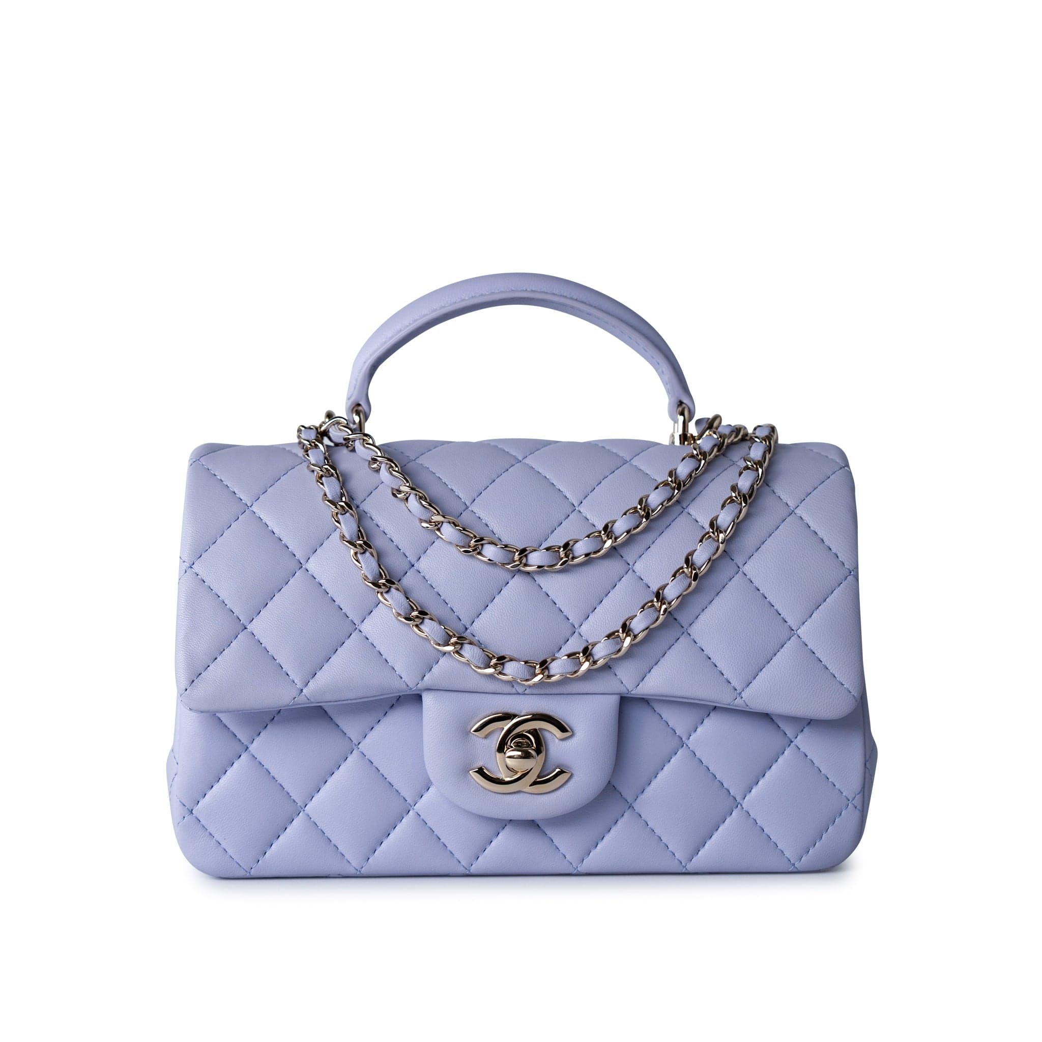 CHANEL Handbag 21k Lavender/ Light Purple Lambskin Quilted Mini Top Handle Light Gold Hardware - Redeluxe