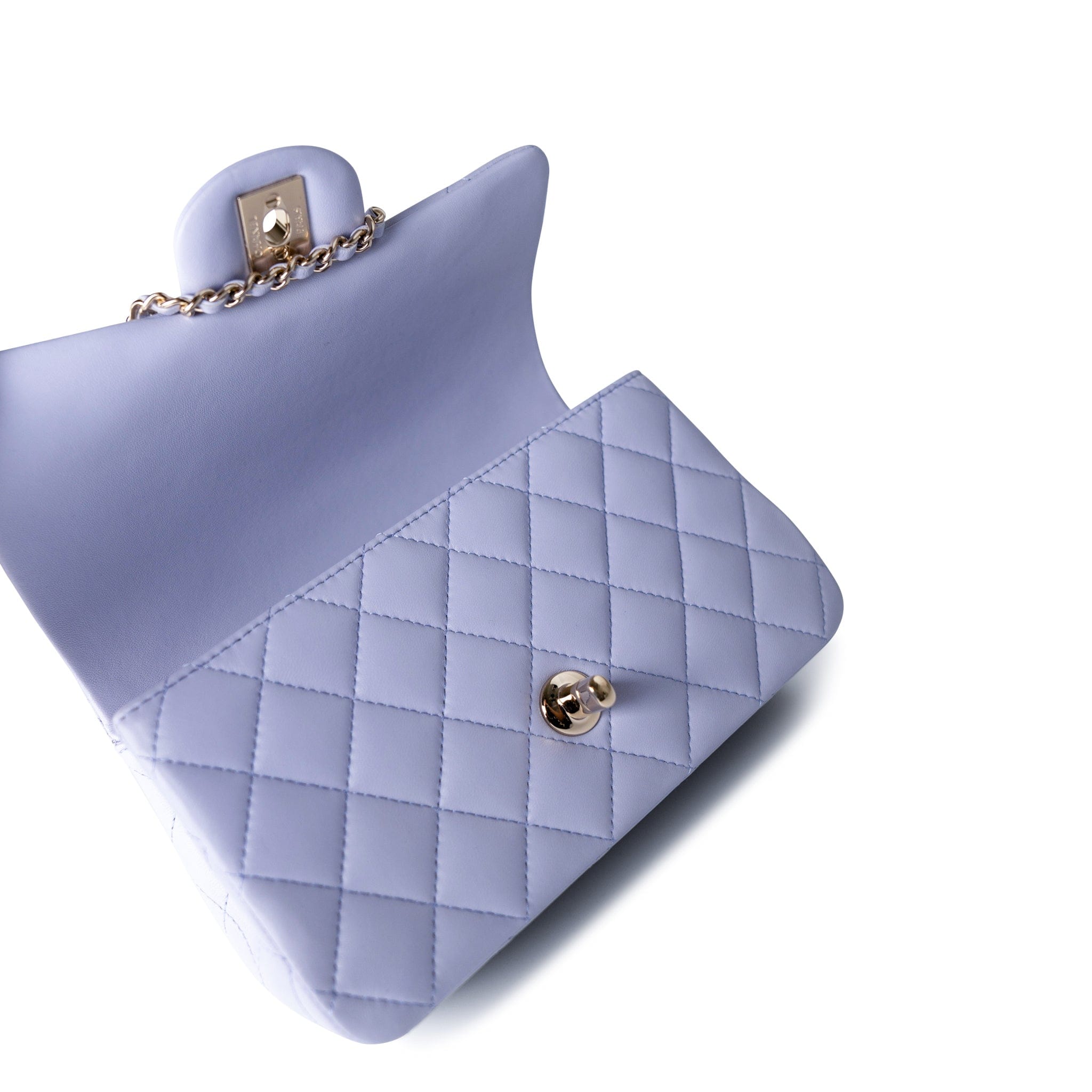 CHANEL Handbag 21k Lavender/ Light Purple Lambskin Quilted Mini Top Handle Light Gold Hardware - Redeluxe