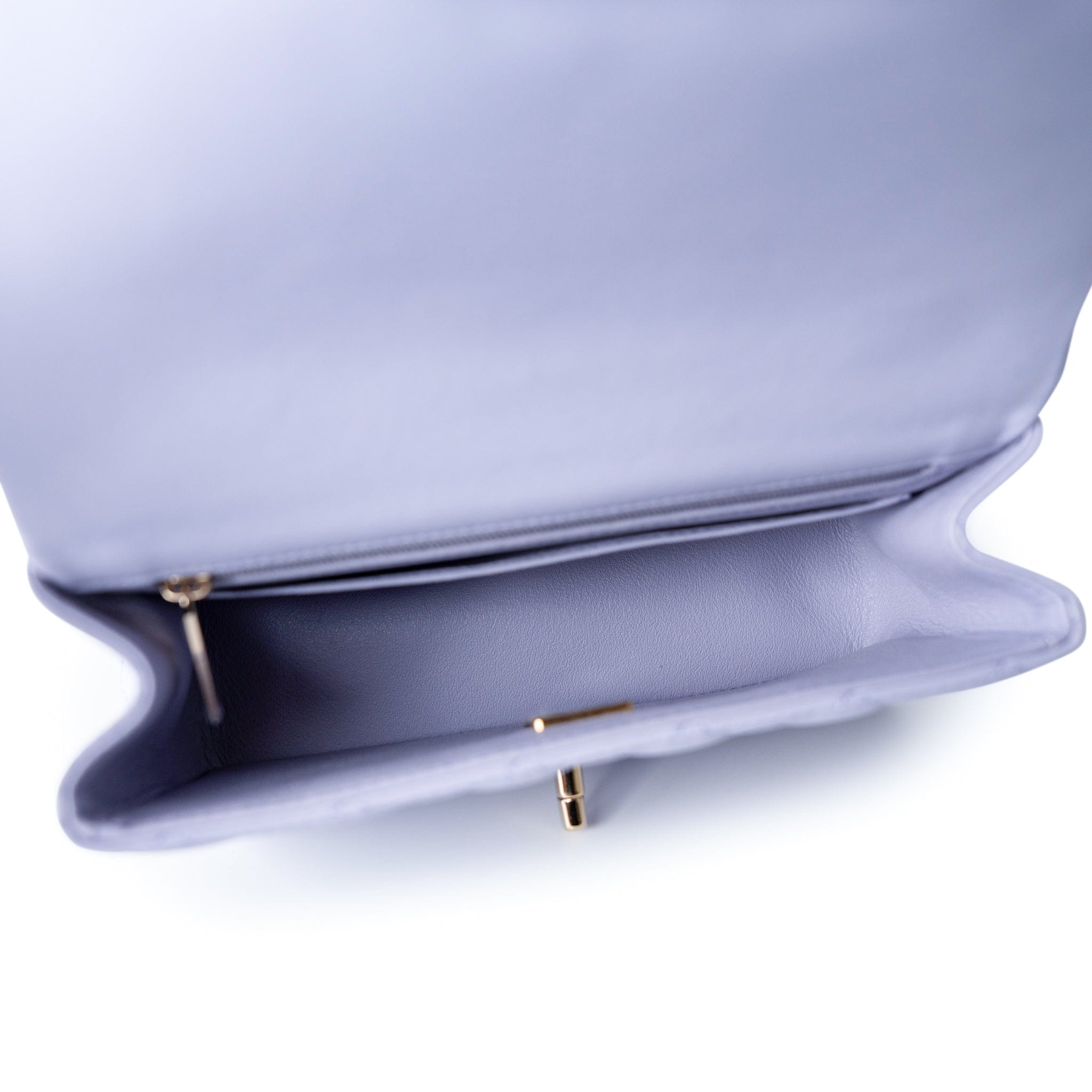 CHANEL Handbag 21k Lavender/ Light Purple Lambskin Quilted Mini Top Handle Light Gold Hardware - Redeluxe