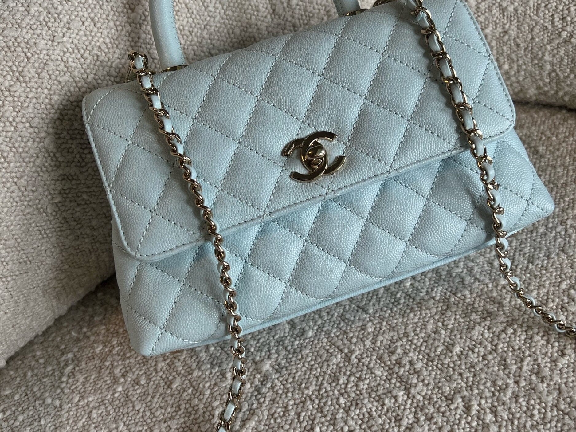 CHANEL Handbag 21K Light Blue Caviar Quilted Coco Handle Small LGHW - Redeluxe