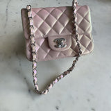 CHANEL Handbag 21K Mini Pink Iridescent Square Lambskin Quilted Classic Flap SHW - Redeluxe