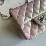 CHANEL Handbag 21K Mini Pink Iridescent Square Lambskin Quilted Classic Flap SHW - Redeluxe