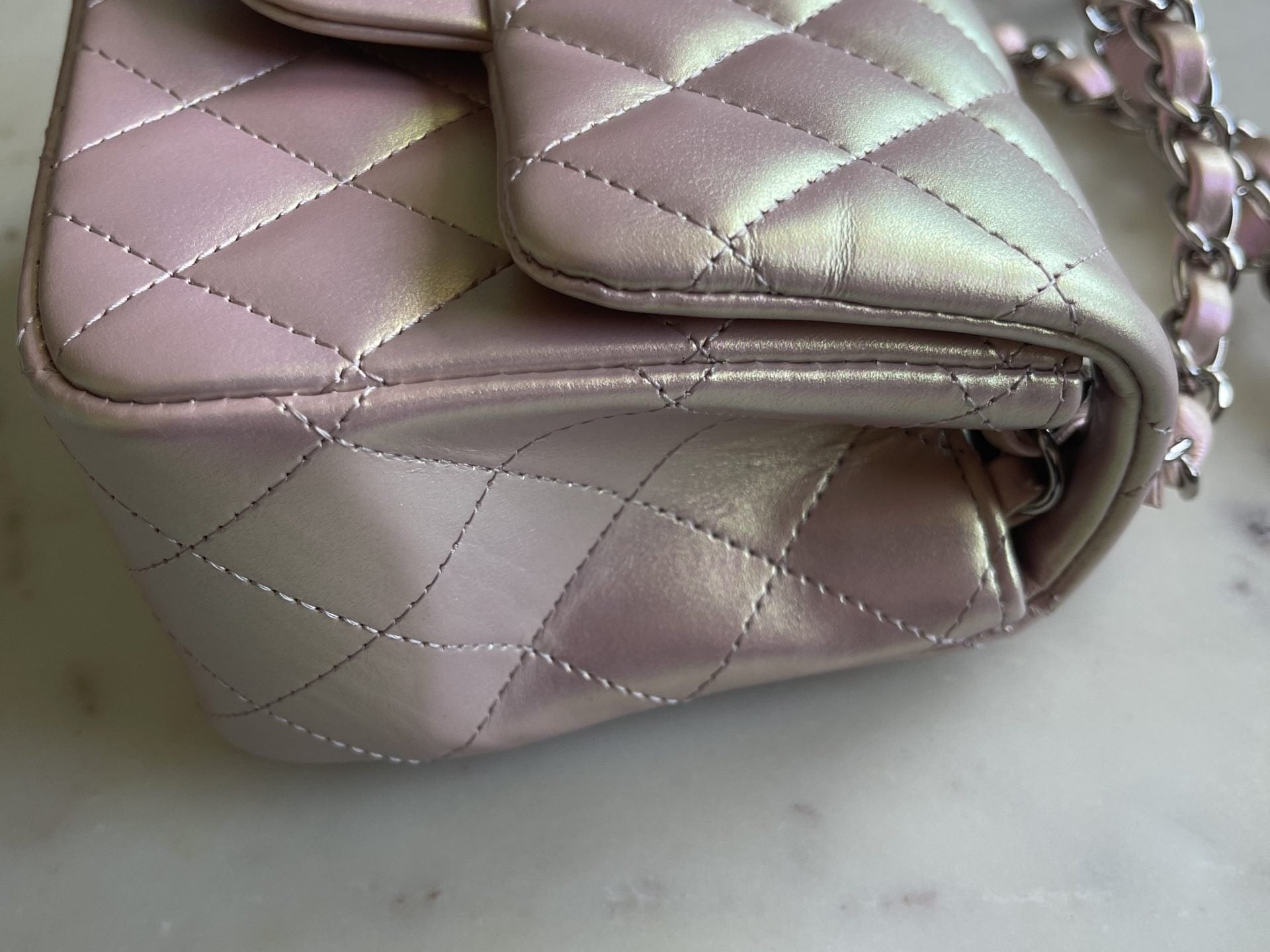 CHANEL Handbag 21K Mini Pink Iridescent Square Lambskin Quilted Classic Flap SHW - Redeluxe