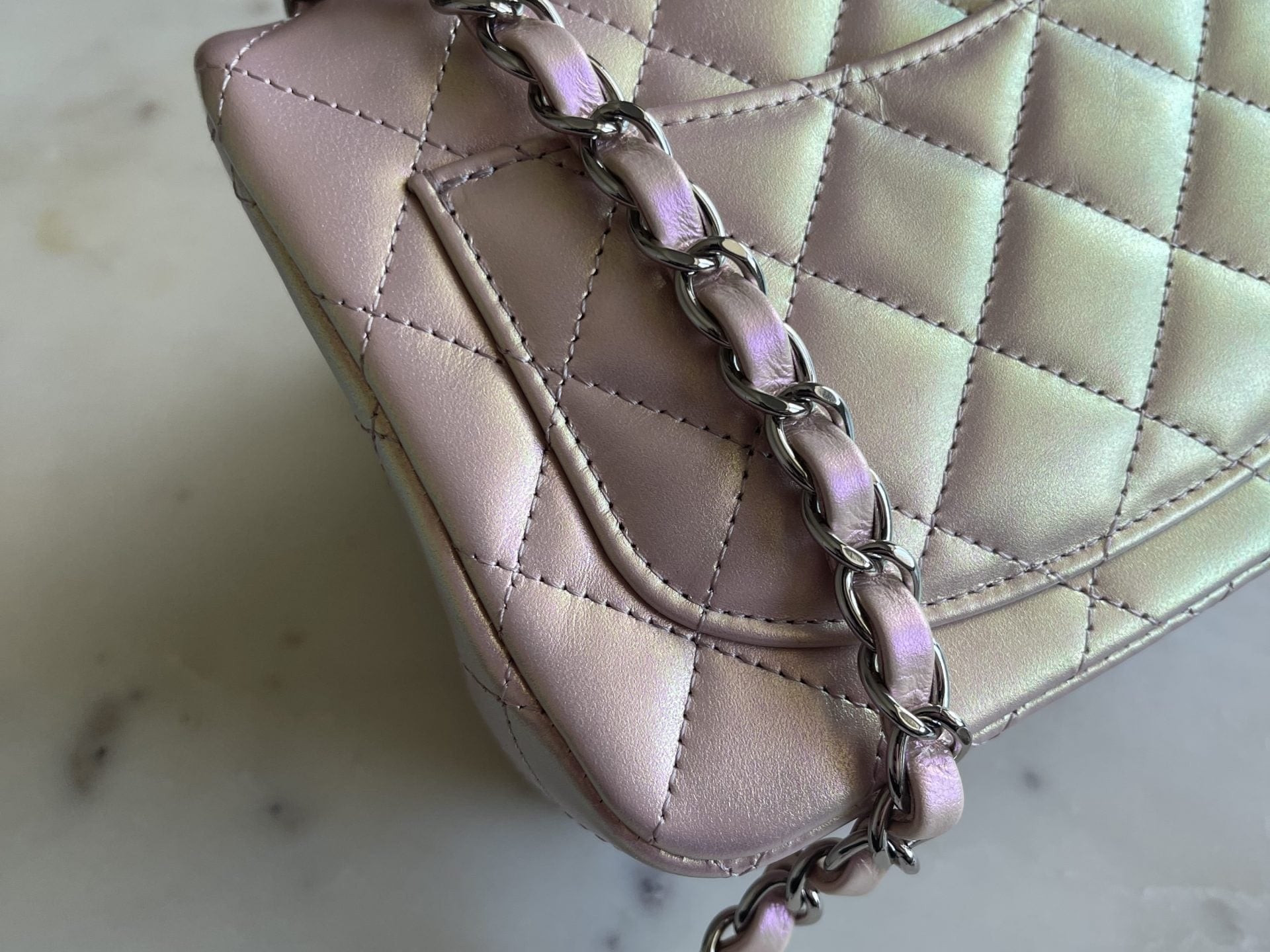 CHANEL Handbag 21K Mini Pink Iridescent Square Lambskin Quilted Classic Flap SHW - Redeluxe