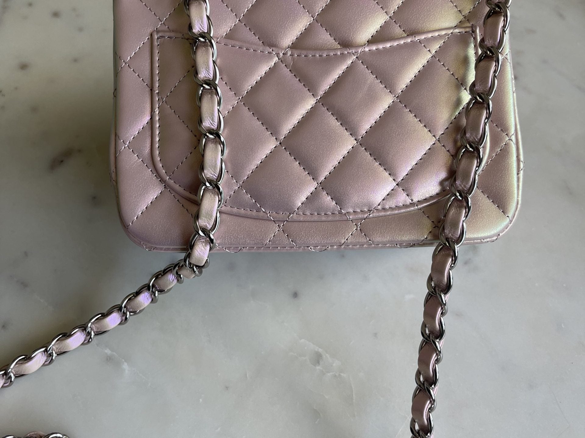 CHANEL Handbag 21K Mini Pink Iridescent Square Lambskin Quilted Classic Flap SHW - Redeluxe