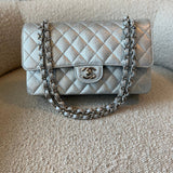CHANEL Handbag 21K Silver Metallic Caviar Quilted Classic Double Flap Medium Silver Hardware - Redeluxe
