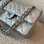 CHANEL Handbag 21K Silver Metallic Caviar Quilted Classic Double Flap Medium Silver Hardware - Redeluxe