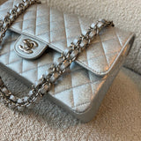 CHANEL Handbag 21K Silver Metallic Caviar Quilted Classic Double Flap Medium Silver Hardware - Redeluxe