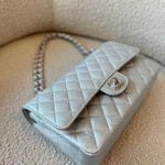 CHANEL Handbag 21K Silver Metallic Caviar Quilted Classic Double Flap Medium Silver Hardware - Redeluxe