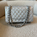 CHANEL Handbag 21K Silver Metallic Caviar Quilted Classic Double Flap Medium Silver Hardware - Redeluxe
