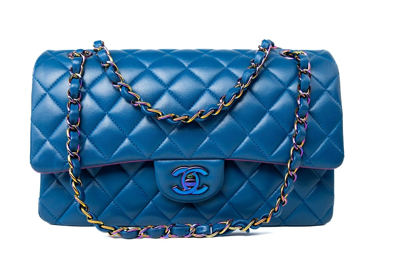 CHANEL Handbag 21P Blue Lambskin Quilted Classic Flap Medium Rainbow Hardware - Redeluxe