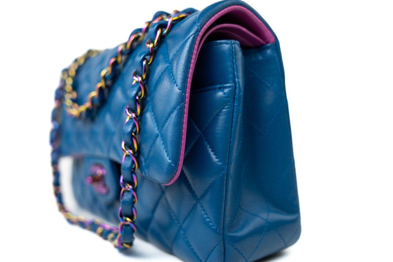 CHANEL Handbag 21P Blue Lambskin Quilted Classic Flap Medium Rainbow Hardware - Redeluxe