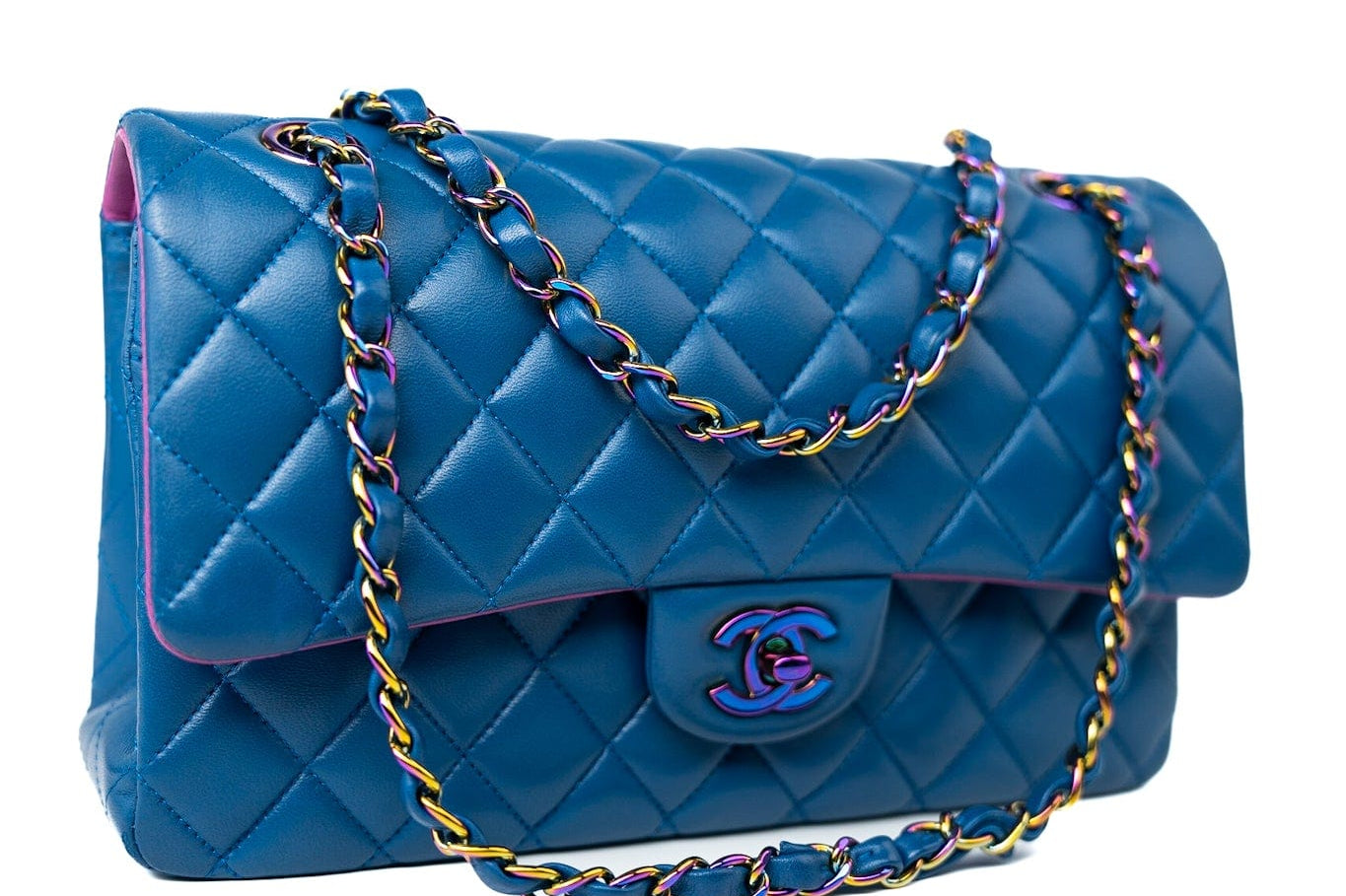 CHANEL Handbag 21P Blue Lambskin Quilted Classic Flap Medium Rainbow Hardware - Redeluxe