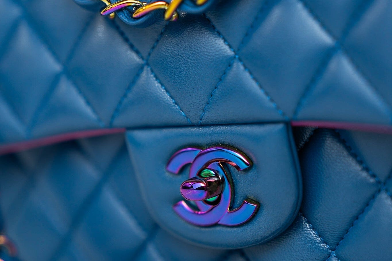 CHANEL Handbag 21P Blue Lambskin Quilted Classic Flap Medium Rainbow Hardware - Redeluxe