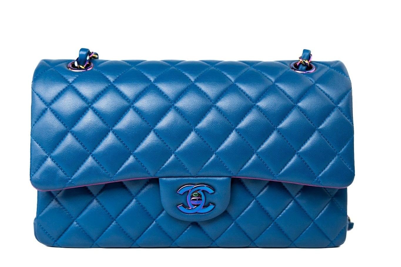 CHANEL Handbag 21P Blue Lambskin Quilted Classic Flap Medium Rainbow Hardware - Redeluxe