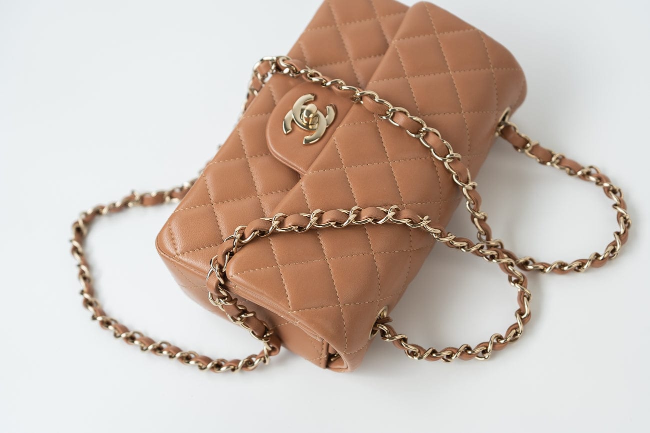 CHANEL Handbag 21P Caramel Lambskin Quilted Mini Rectangular Single Flap LGHW - Redeluxe