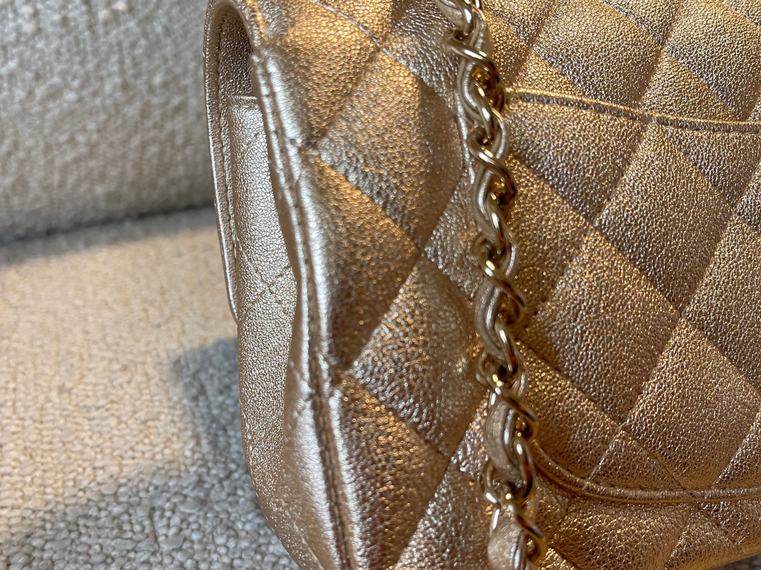 CHANEL Handbag 21P GOLD METALLIC CAVIAR QUILTED MINI RECTANGULAR SINGLE FLAP LIGHT GOLD HARDWARE - Redeluxe