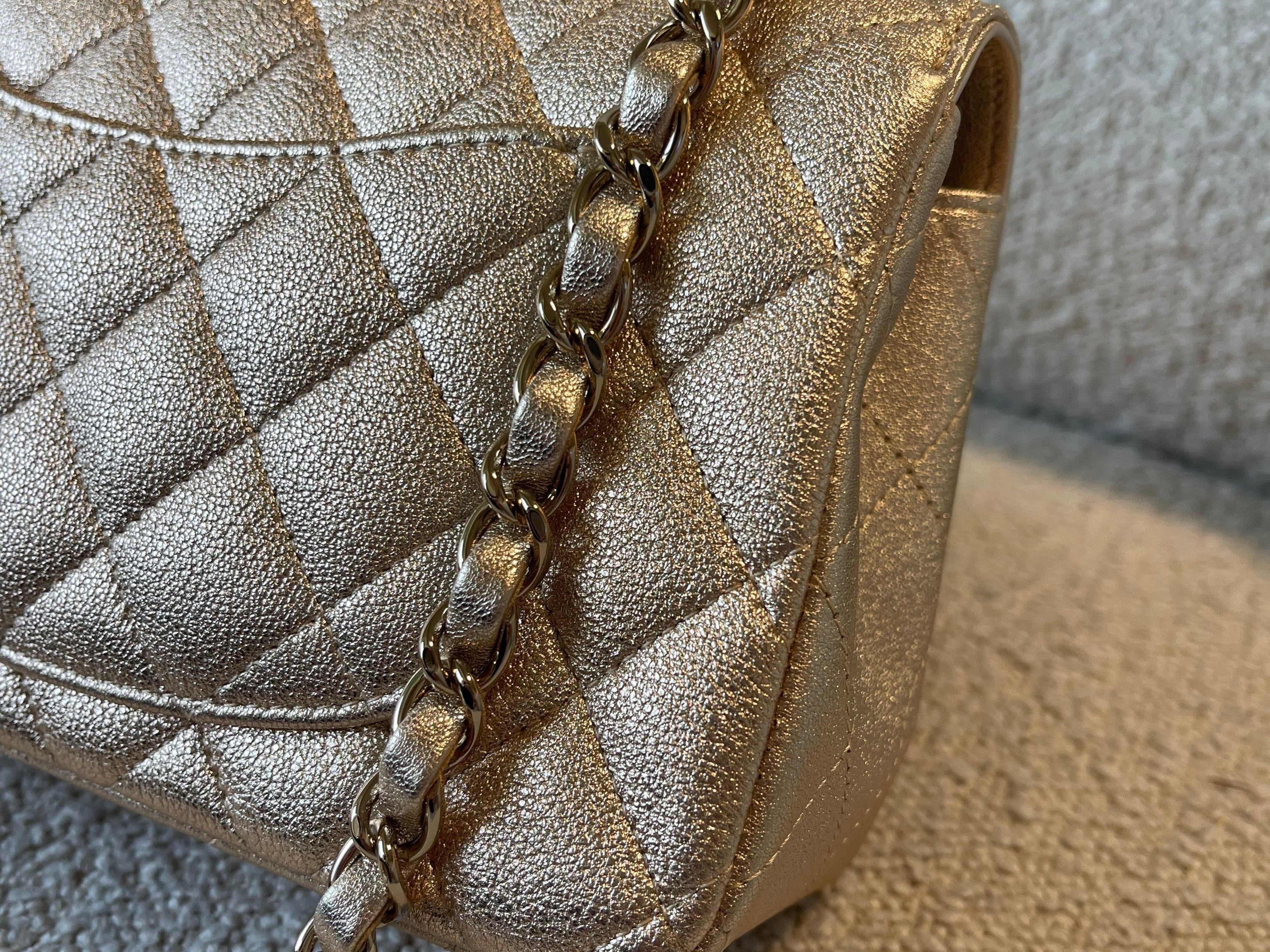 CHANEL Handbag 21P GOLD METALLIC CAVIAR QUILTED MINI RECTANGULAR SINGLE FLAP LIGHT GOLD HARDWARE - Redeluxe