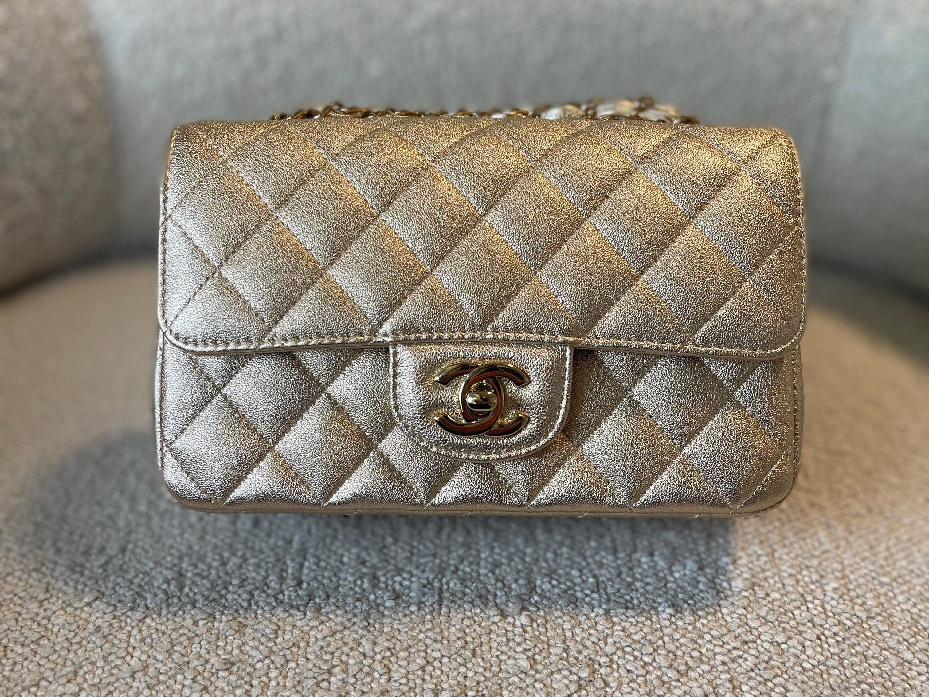 CHANEL Handbag 21P GOLD METALLIC CAVIAR QUILTED MINI RECTANGULAR SINGLE FLAP LIGHT GOLD HARDWARE - Redeluxe
