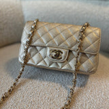 CHANEL Handbag 21P GOLD METALLIC CAVIAR QUILTED MINI RECTANGULAR SINGLE FLAP LIGHT GOLD HARDWARE - Redeluxe