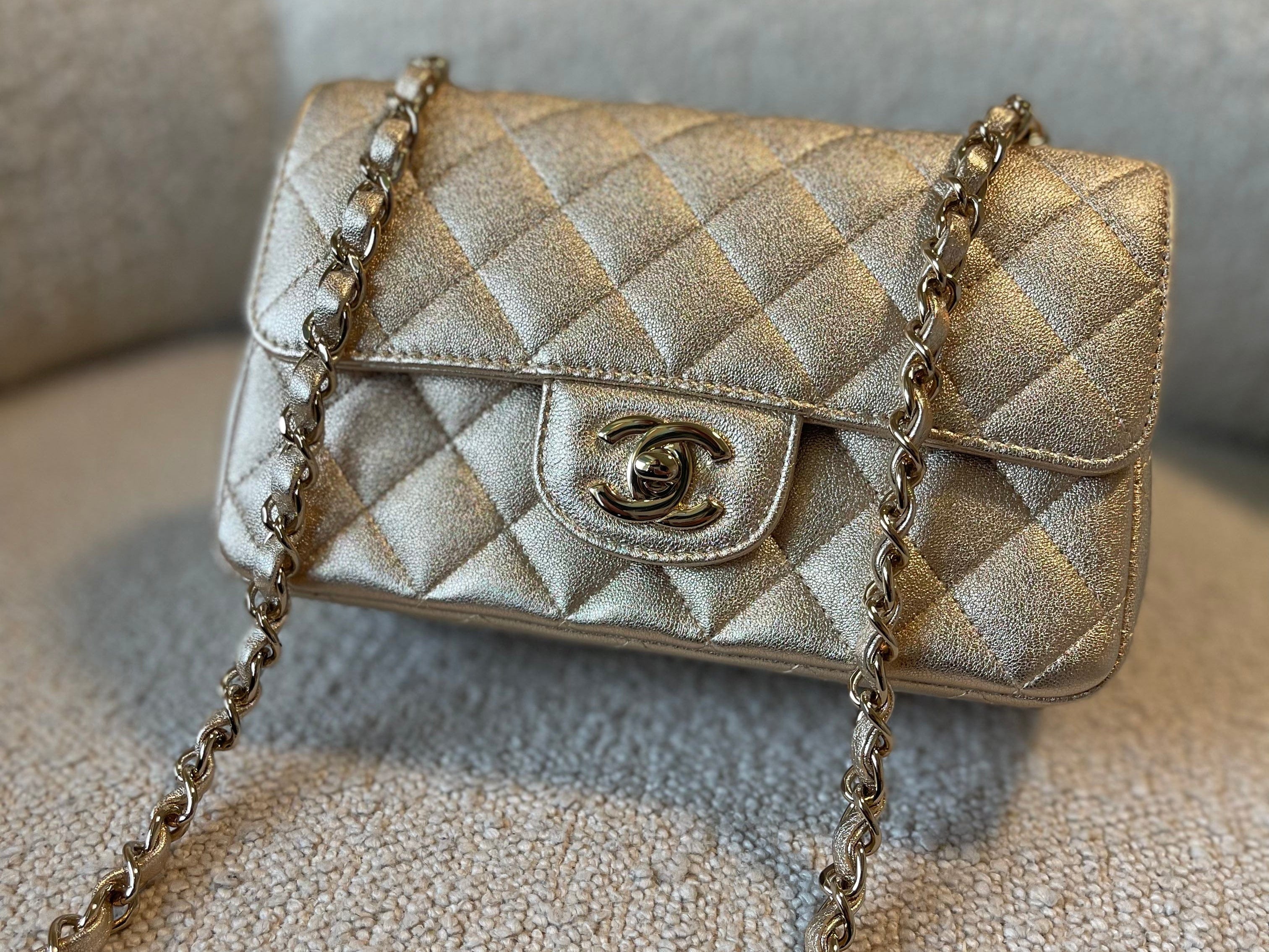 CHANEL Handbag 21P GOLD METALLIC CAVIAR QUILTED MINI RECTANGULAR SINGLE FLAP LIGHT GOLD HARDWARE - Redeluxe