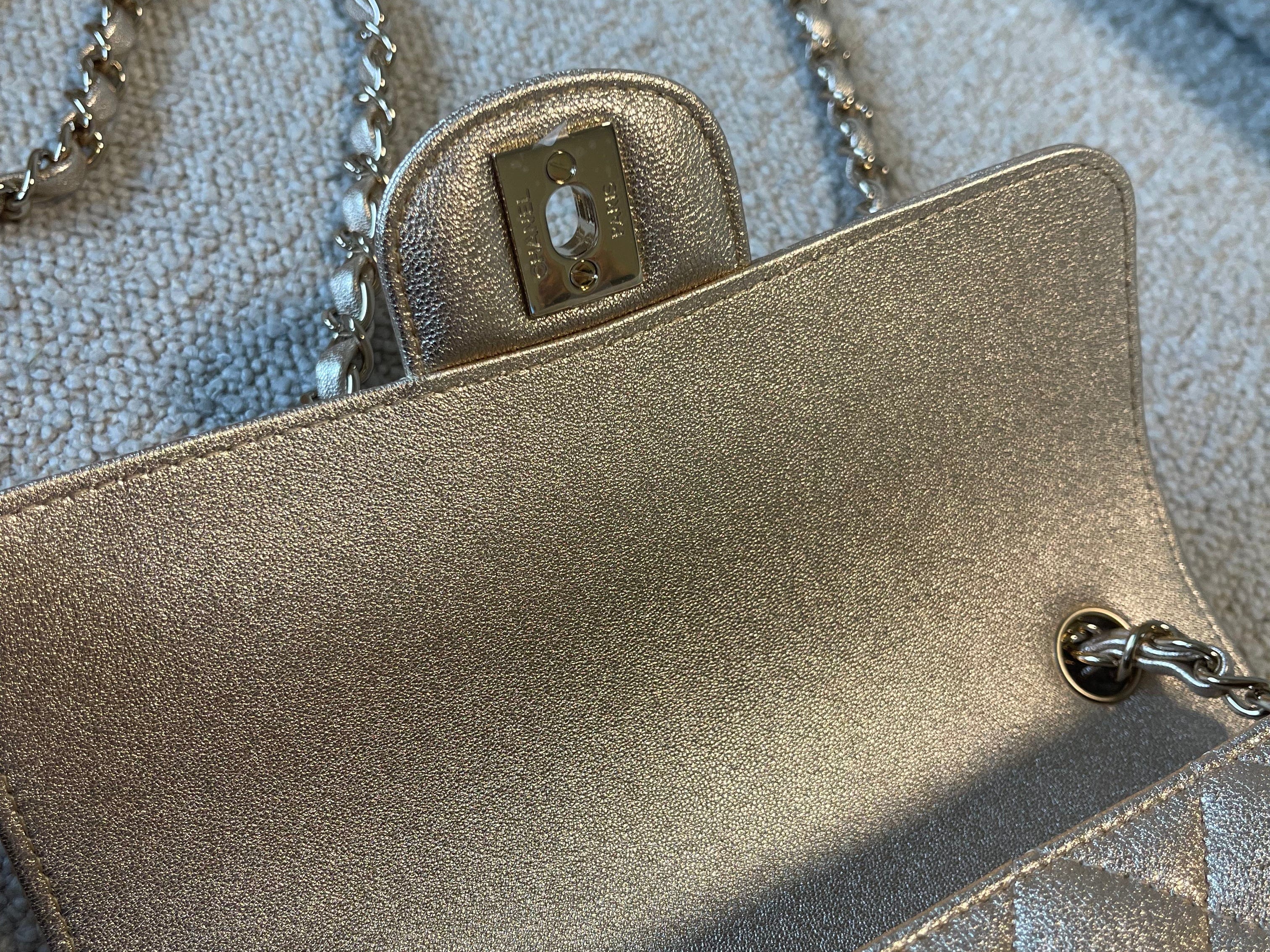 CHANEL Handbag 21P GOLD METALLIC CAVIAR QUILTED MINI RECTANGULAR SINGLE FLAP LIGHT GOLD HARDWARE - Redeluxe