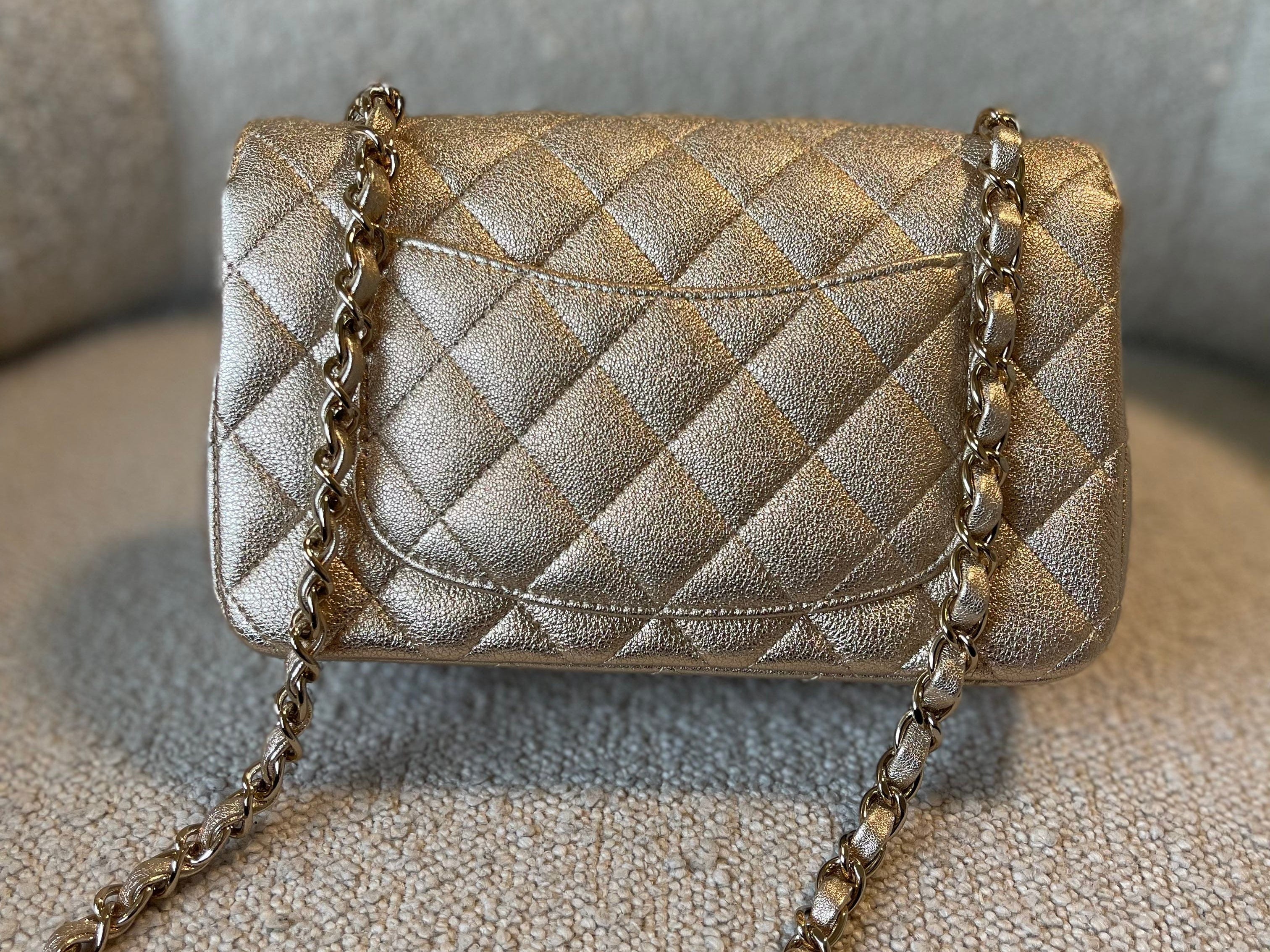 CHANEL Handbag 21P GOLD METALLIC CAVIAR QUILTED MINI RECTANGULAR SINGLE FLAP LIGHT GOLD HARDWARE - Redeluxe