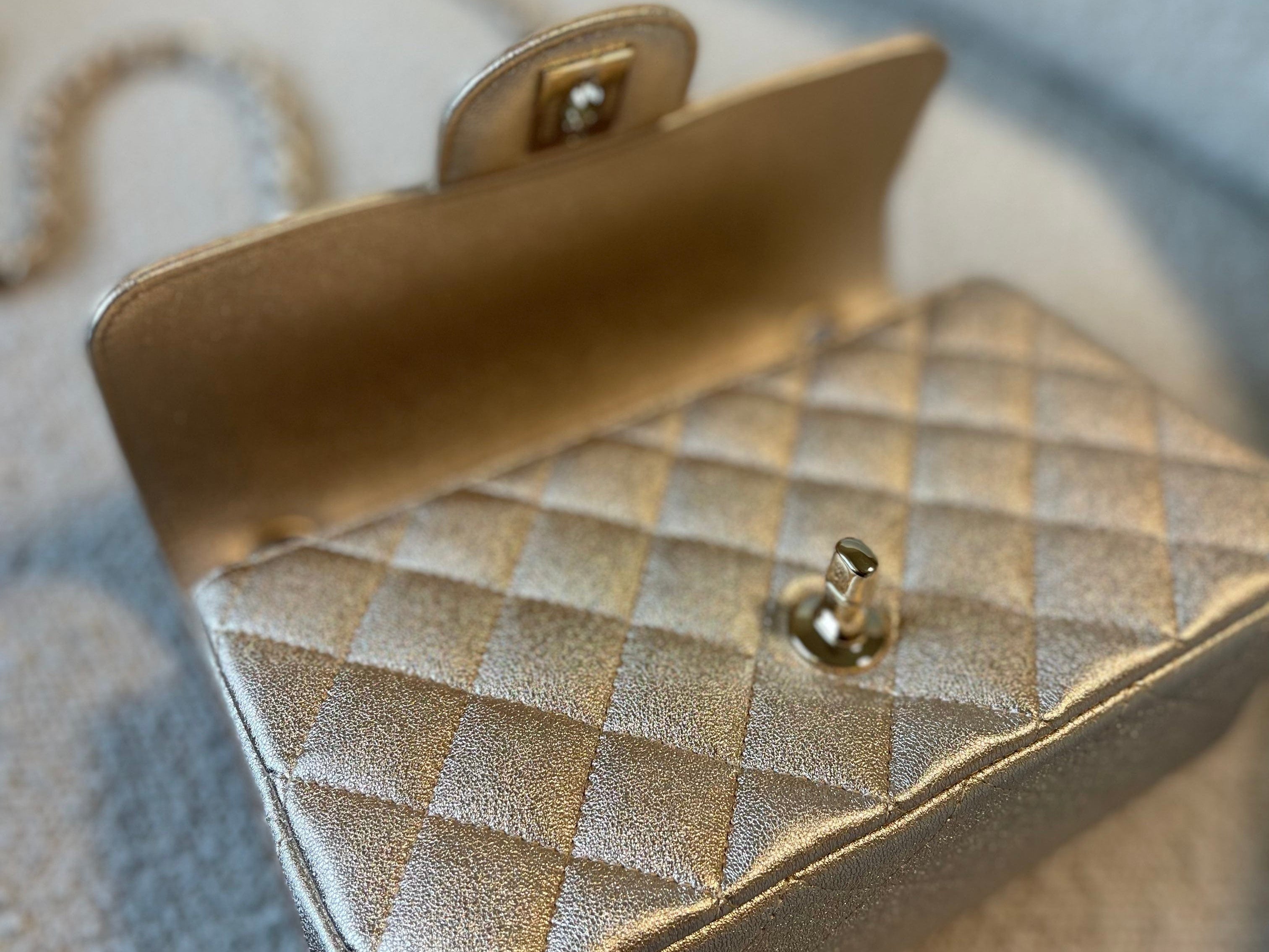 CHANEL Handbag 21P GOLD METALLIC CAVIAR QUILTED MINI RECTANGULAR SINGLE FLAP LIGHT GOLD HARDWARE - Redeluxe