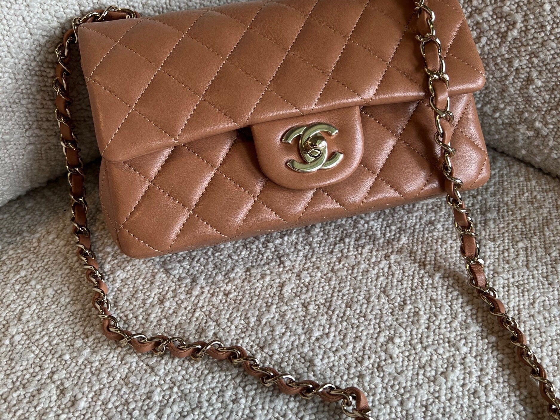 CHANEL Handbag 21P Mini Rectangular Caramel Lambskin Quilted Flap LGHW - Redeluxe