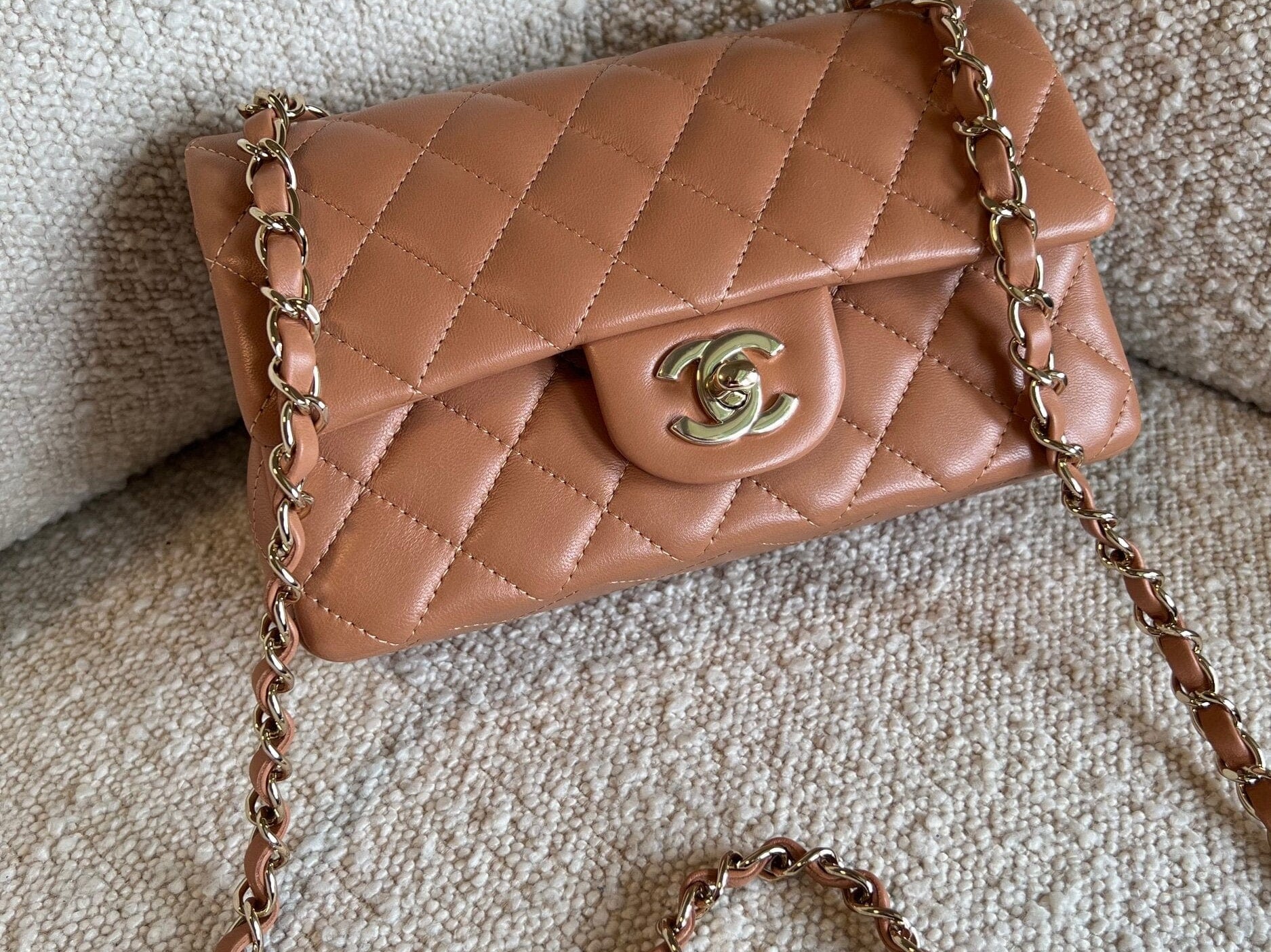 CHANEL Handbag 21P Mini Rectangular Caramel Lambskin Quilted Flap LGHW - Redeluxe