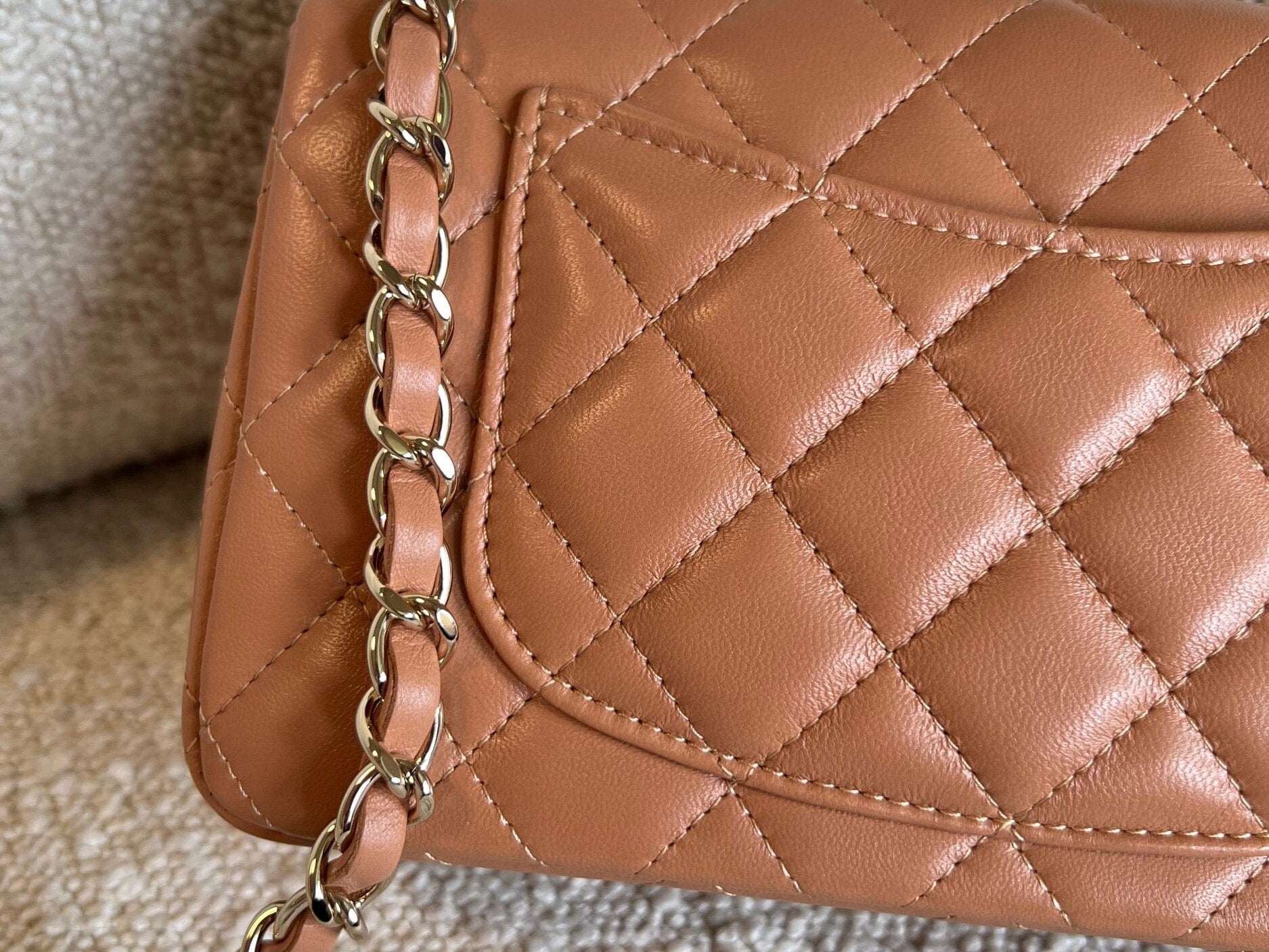 CHANEL Handbag 21P Mini Rectangular Caramel Lambskin Quilted Flap LGHW - Redeluxe