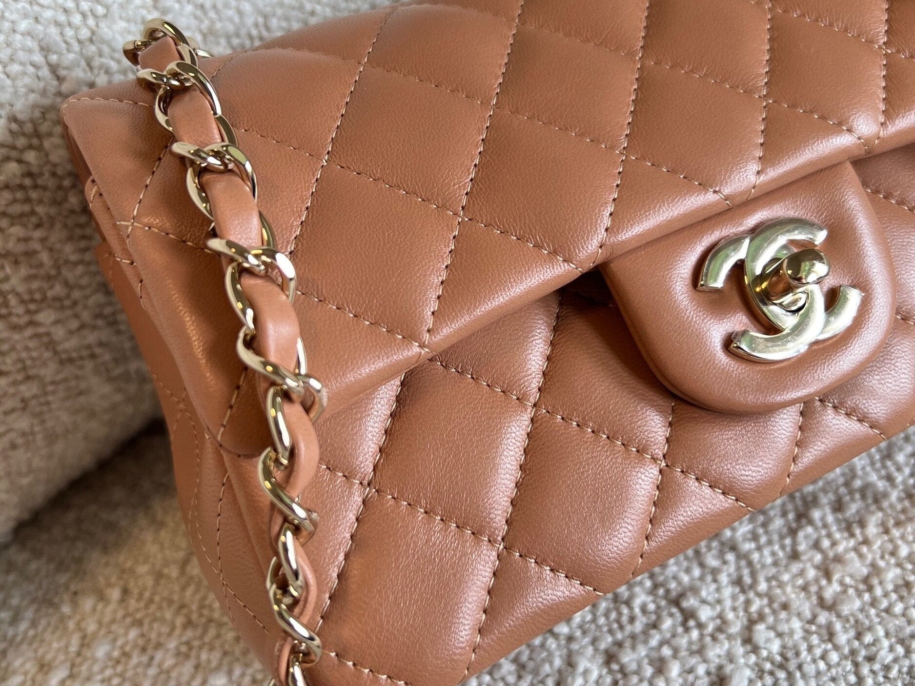 CHANEL Handbag 21P Mini Rectangular Caramel Lambskin Quilted Flap LGHW - Redeluxe