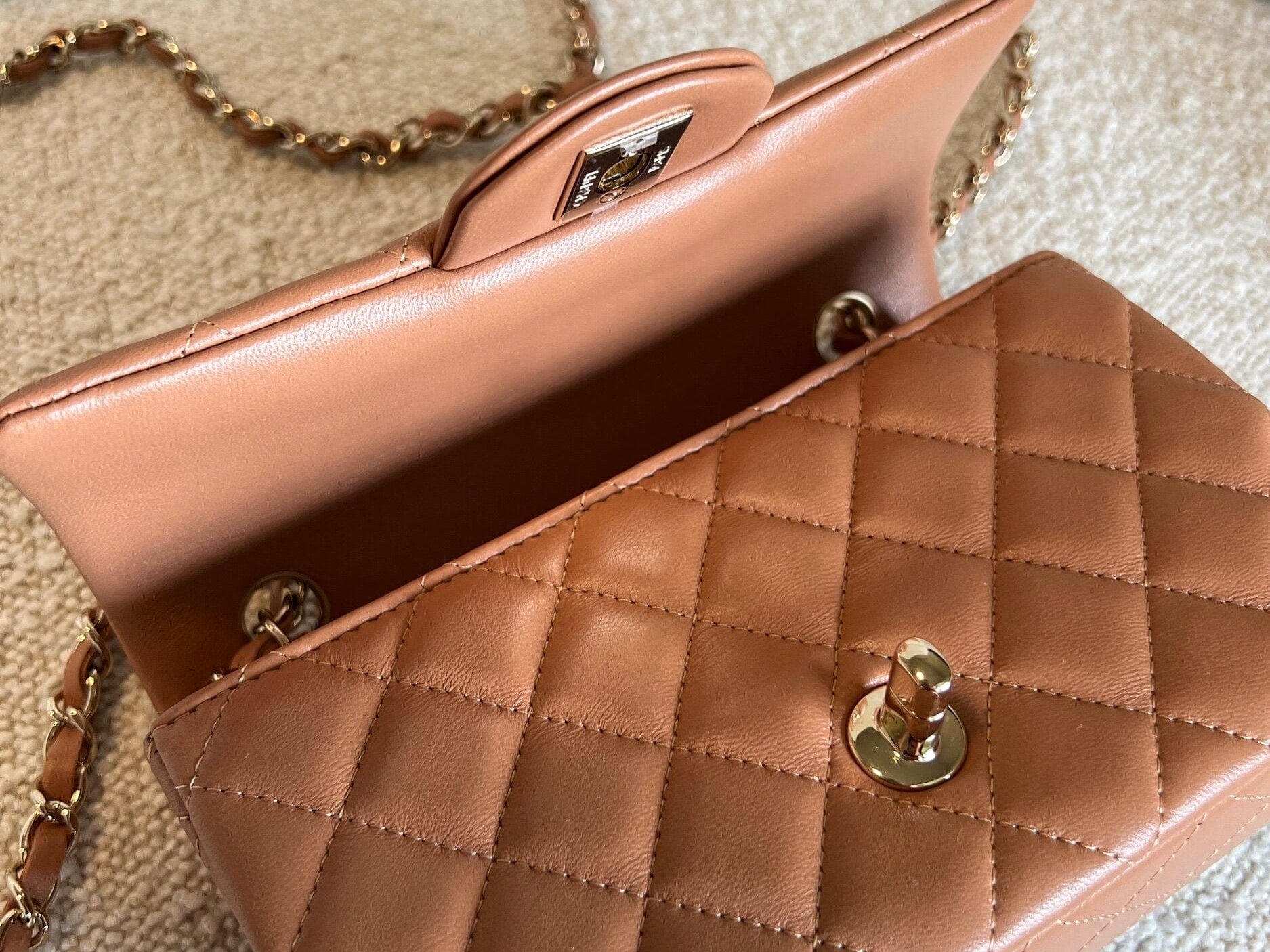 CHANEL Handbag 21P Mini Rectangular Caramel Lambskin Quilted Flap LGHW - Redeluxe