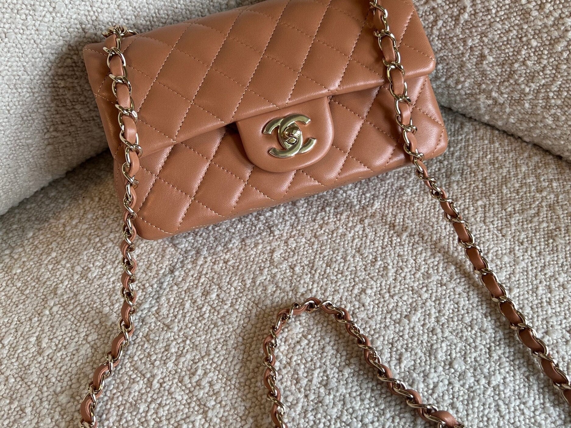 CHANEL Handbag 21P Mini Rectangular Caramel Lambskin Quilted Flap LGHW - Redeluxe