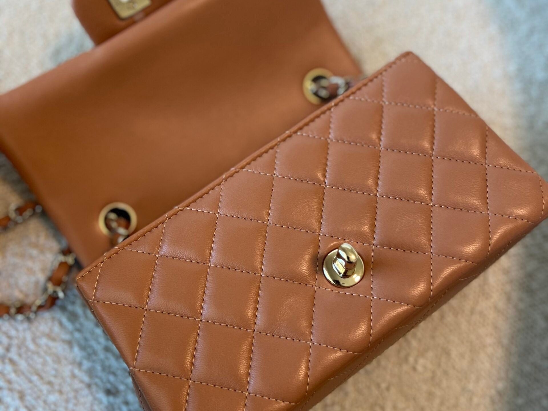 CHANEL Handbag 21P Mini Rectangular Caramel Lambskin Quilted Flap Light Gold Hardware - Redeluxe
