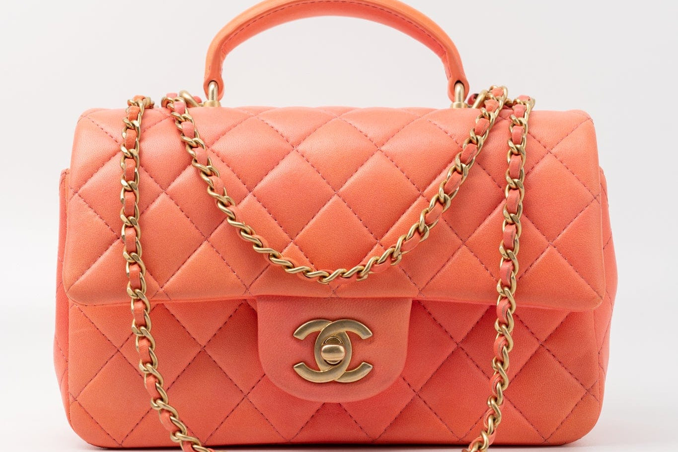 CHANEL Handbag 21P Mini Top Handle Orange Ombre Lambskin Quilted Aged Gold Hardware - Redeluxe