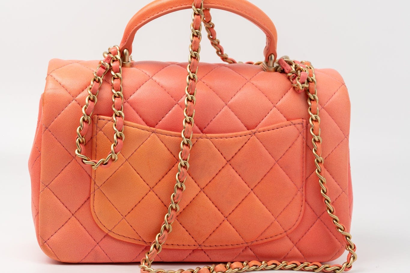 CHANEL Handbag 21P Mini Top Handle Orange Ombre Lambskin Quilted Aged Gold Hardware - Redeluxe