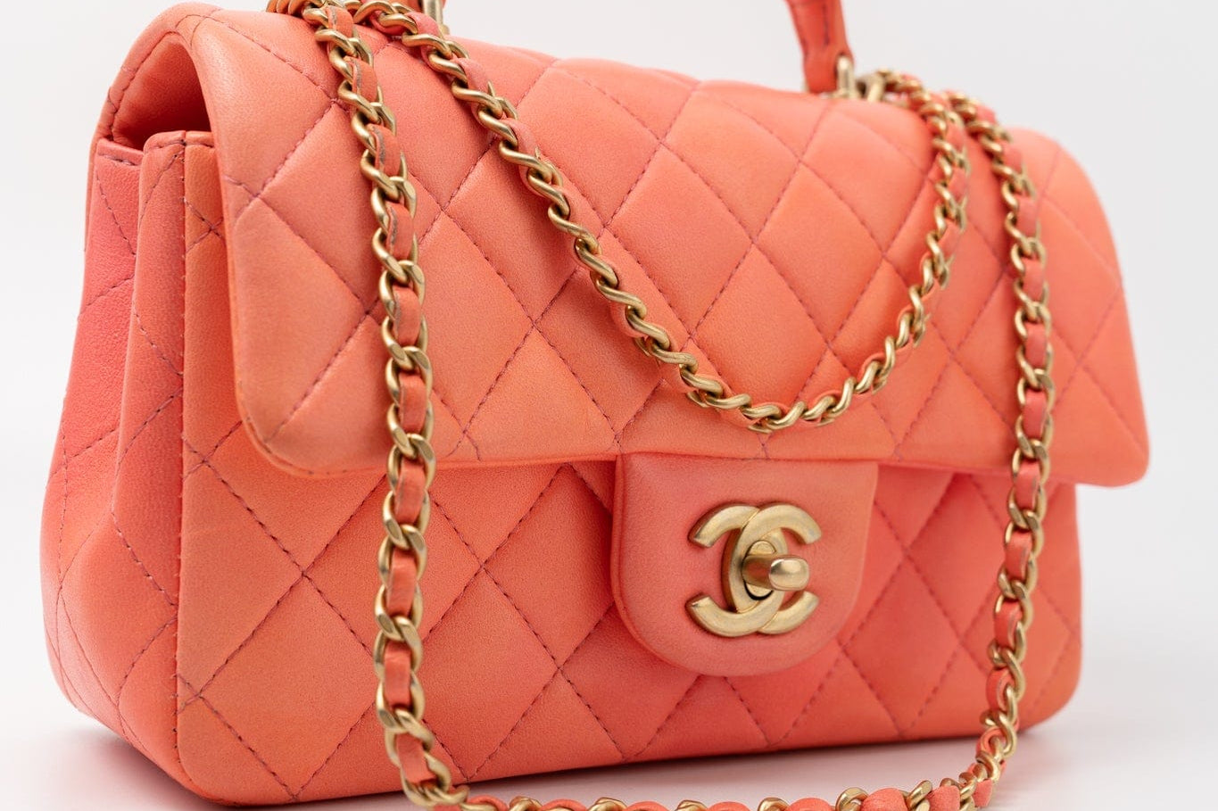 CHANEL Handbag 21P Mini Top Handle Orange Ombre Lambskin Quilted Aged Gold Hardware - Redeluxe