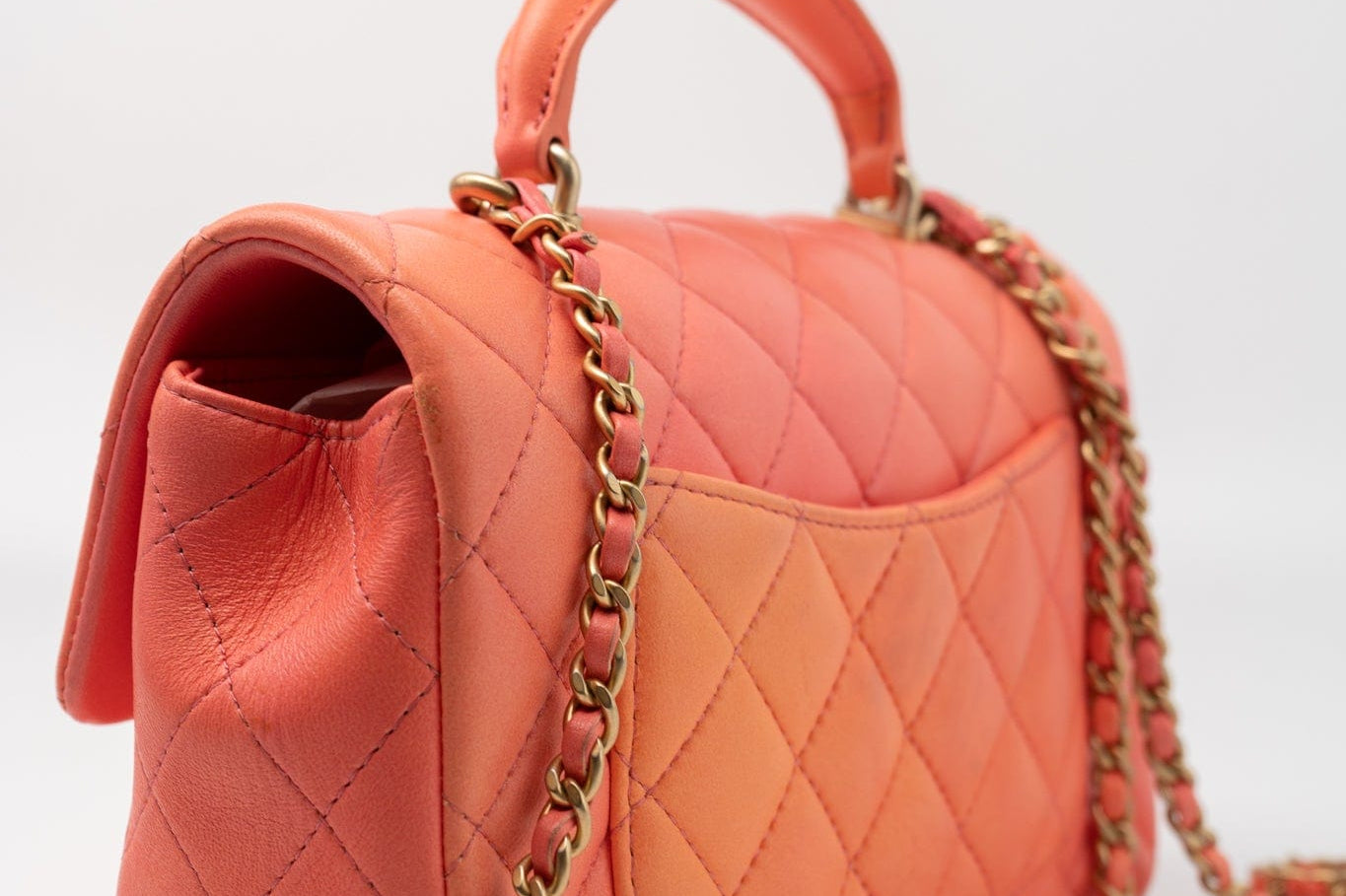 CHANEL Handbag 21P Mini Top Handle Orange Ombre Lambskin Quilted Aged Gold Hardware - Redeluxe