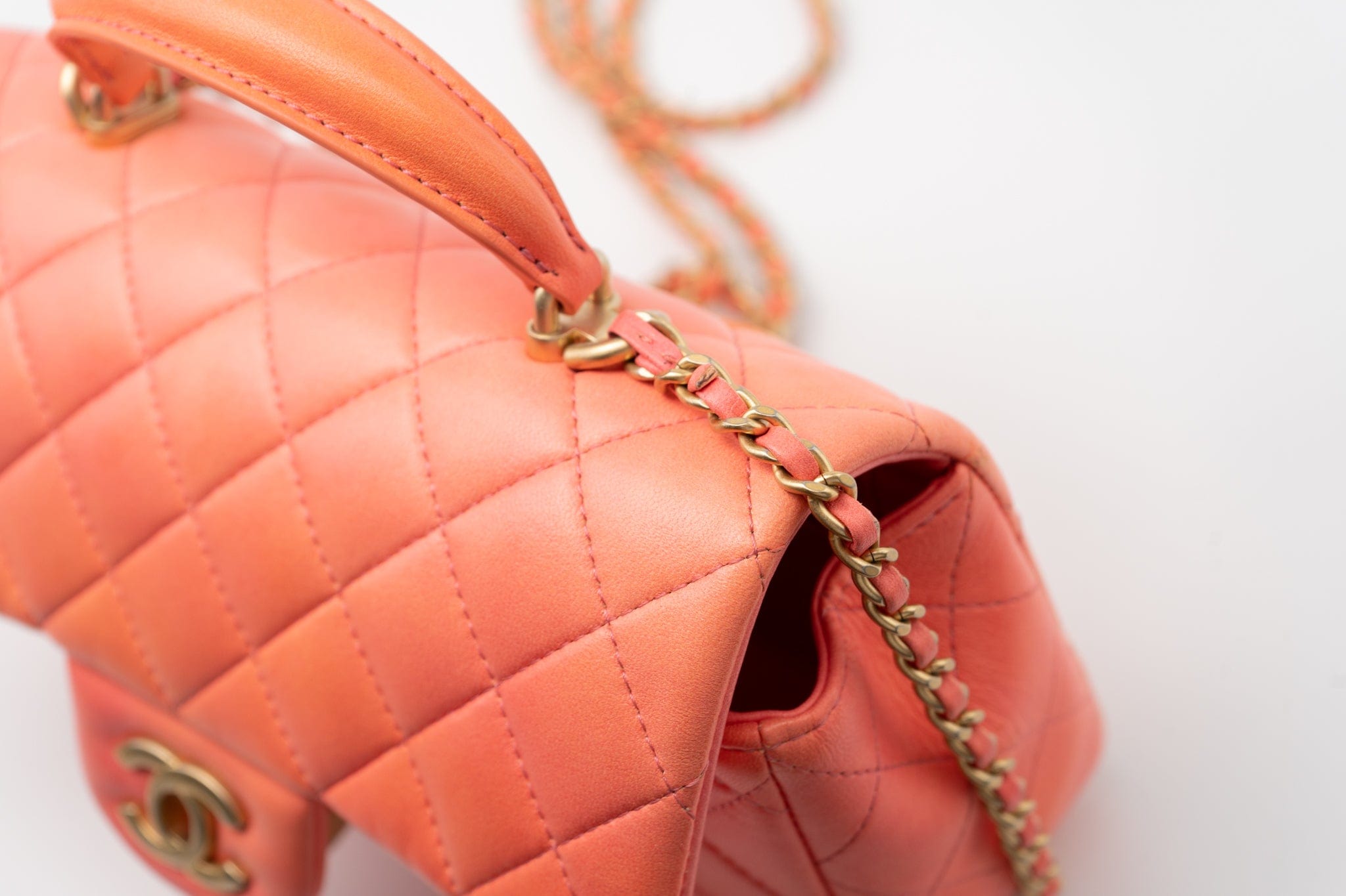 CHANEL Handbag 21P Mini Top Handle Orange Ombre Lambskin Quilted Aged Gold Hardware - Redeluxe