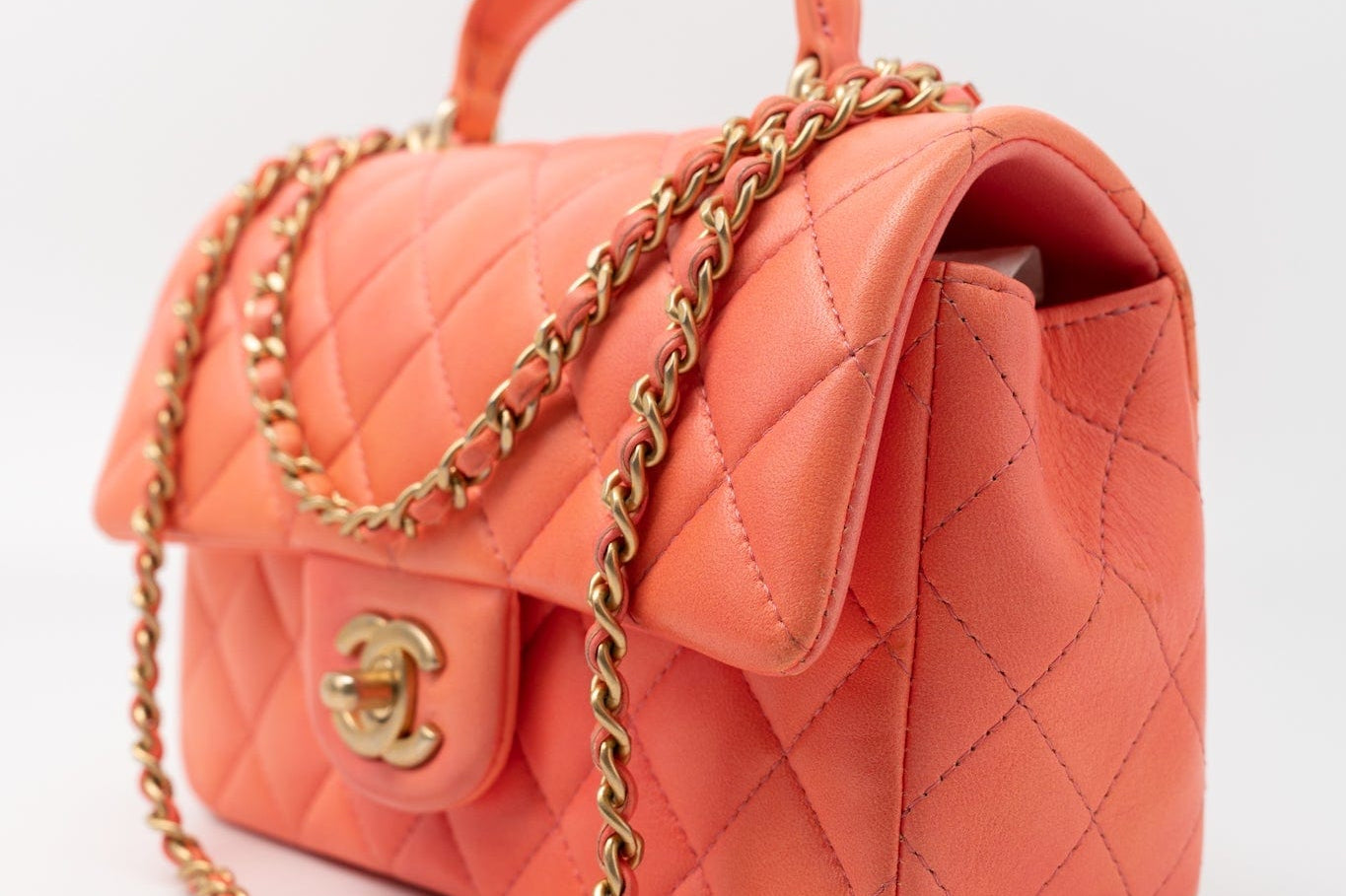CHANEL Handbag 21P Mini Top Handle Orange Ombre Lambskin Quilted Aged Gold Hardware - Redeluxe