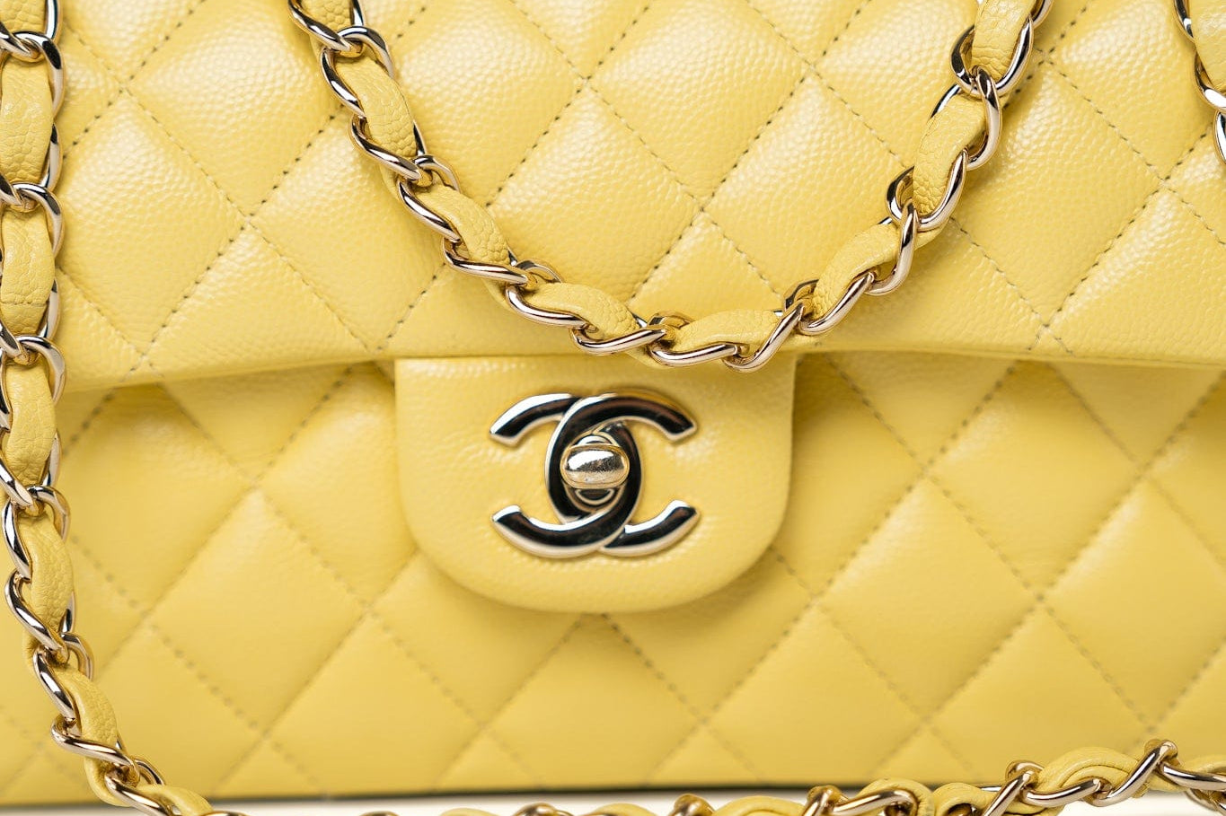 CHANEL Handbag 21P Yellow Caviar Quilted Classic Flap Small Light Gold Hardware - Redeluxe