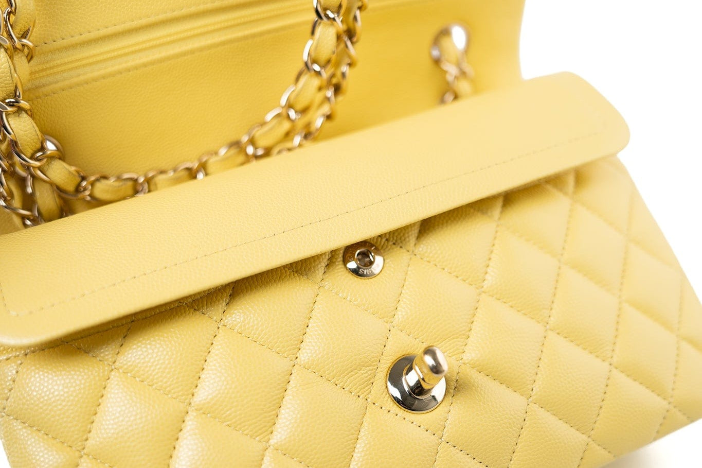 CHANEL Handbag 21P Yellow Caviar Quilted Classic Flap Small Light Gold Hardware - Redeluxe