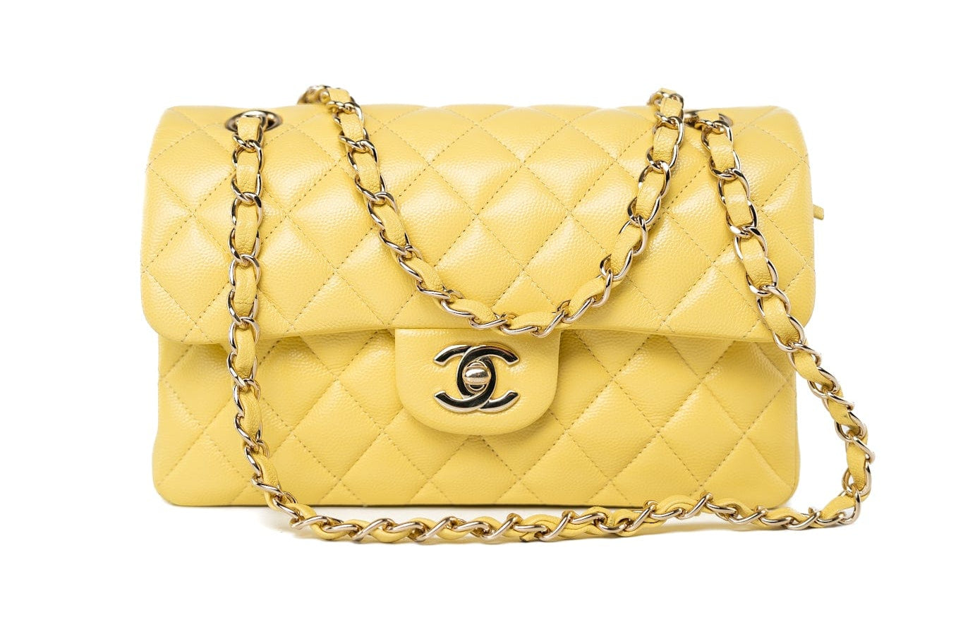 CHANEL Handbag 21P Yellow Caviar Quilted Classic Flap Small Light Gold Hardware - Redeluxe