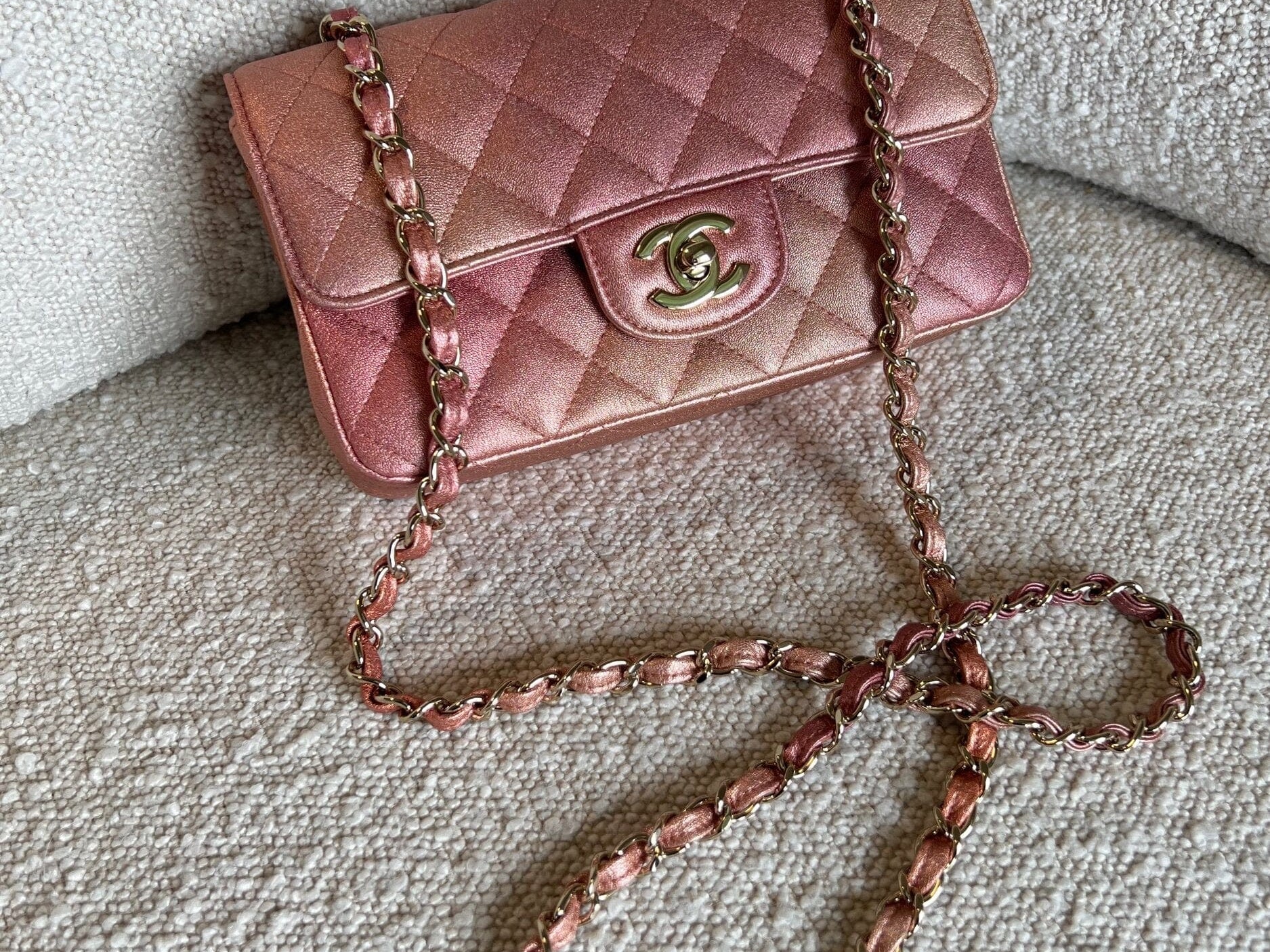 CHANEL Handbag 21S Chanel Metallic Rose Gold Calfskin Quilted Mini Rectangular Single Flap LGHW - Redeluxe