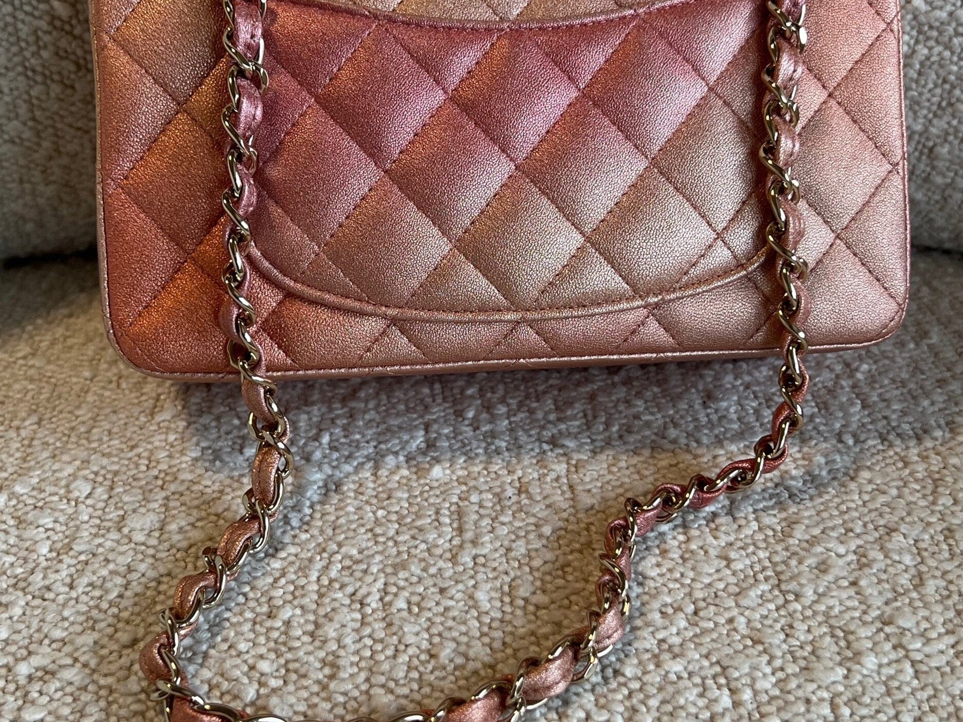 CHANEL Handbag 21S Chanel Metallic Rose Gold Calfskin Quilted Mini Rectangular Single Flap LGHW - Redeluxe