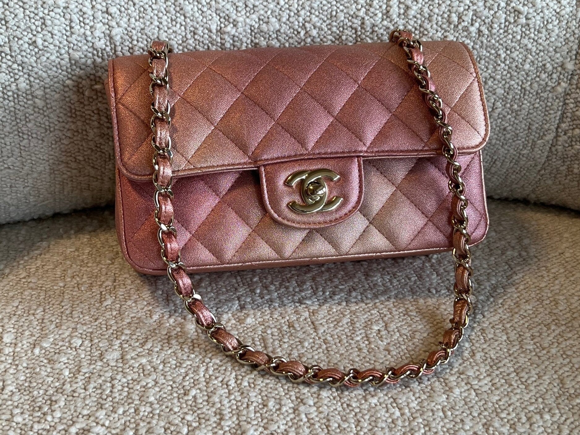 CHANEL Handbag 21S Chanel Metallic Rose Gold Calfskin Quilted Mini Rectangular Single Flap LGHW - Redeluxe