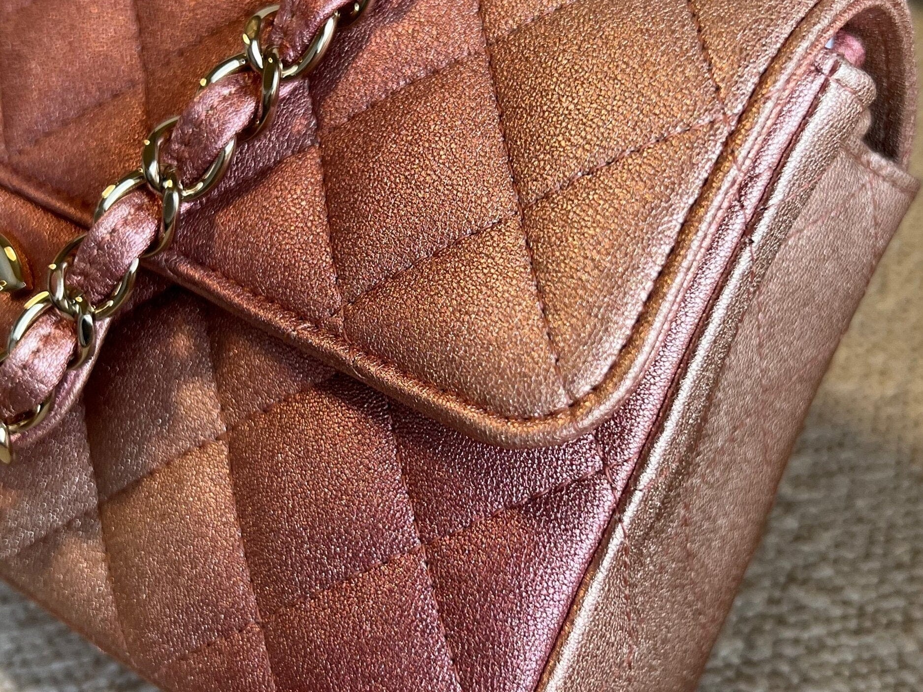 CHANEL Handbag 21S Chanel Metallic Rose Gold Calfskin Quilted Mini Rectangular Single Flap LGHW - Redeluxe