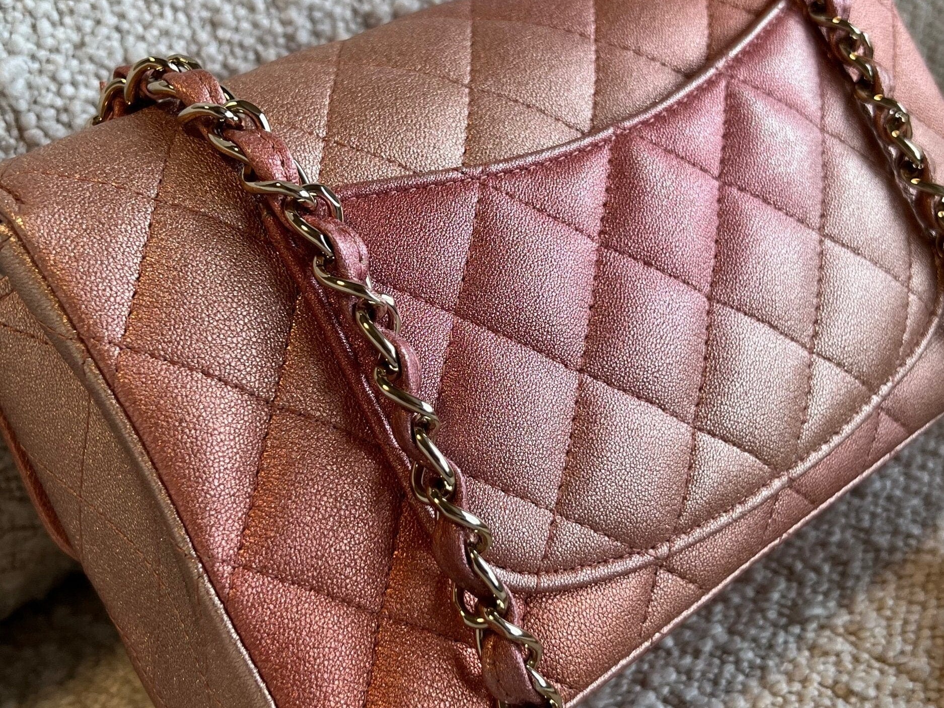 CHANEL Handbag 21S Chanel Metallic Rose Gold Calfskin Quilted Mini Rectangular Single Flap LGHW - Redeluxe