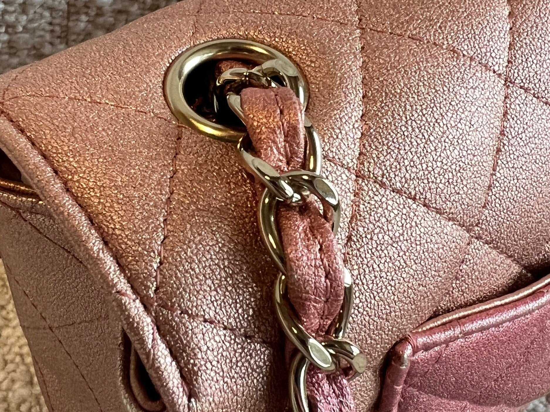 CHANEL Handbag 21S Chanel Metallic Rose Gold Calfskin Quilted Mini Rectangular Single Flap LGHW - Redeluxe